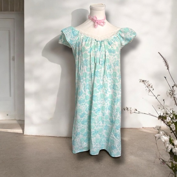 Vintage French country Floral nightie slip - Light Blue babydoll M - Picture 1 of 6